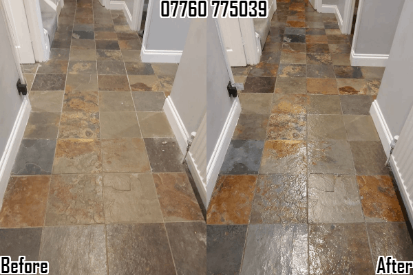 Slate tiled floor restoration cleaning sealing and polishing throughout the whole of the UK 07760 775039